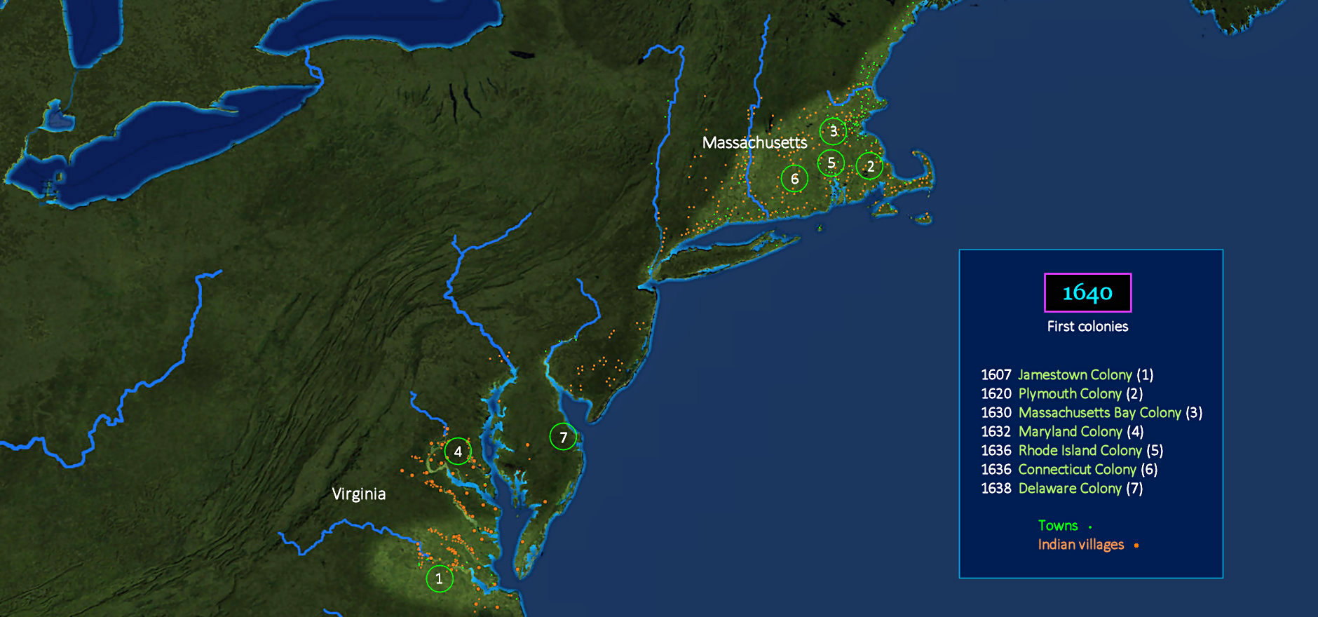 Chesapeake Bay colonies, 1640 map